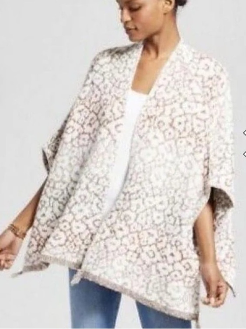 Knox Rose Cream and Rust Open-Front Patterned Poncho Sweater